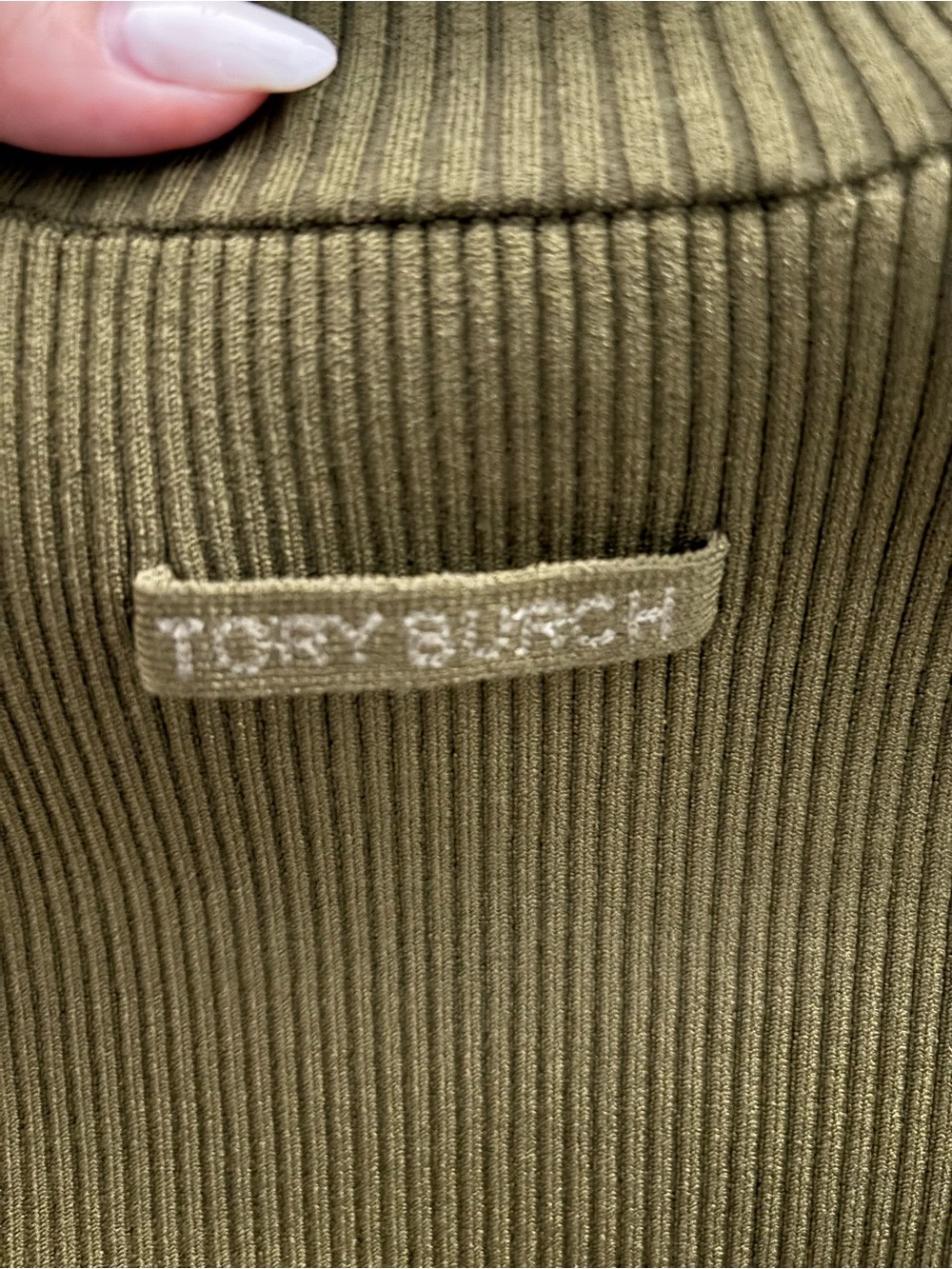 Tory Burch Half Zip Olive Green Short-Sleeve Ribbed Zip Mock-Neck Top - Picture 6 of 6